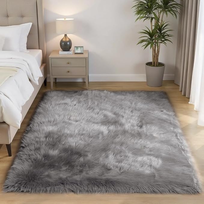 Goolela Grey Sheepskin Area Rug 5x7 Fluffy Fuzzy Furry Carpet - Image 2