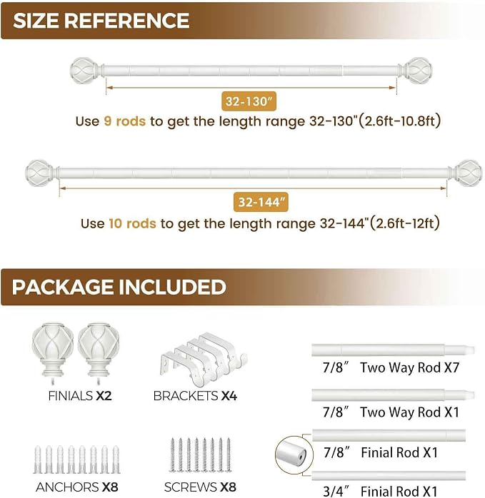 KAMANINA White Curtain Rods for Windows 72 to 144 Inches Long Heavy Duty - Image 8