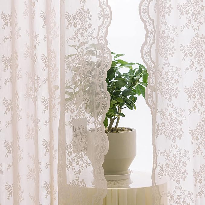 YJ YANJUN Vintage Lace Curtains 84 Inches Long-Victorian Floral Dusty Pink - Image 2