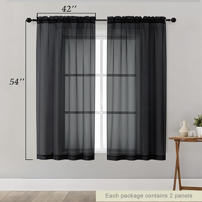 Sheer Black Curtains for Bedroom Living Room 54 Inch Length 2 Panels Set - Image 2