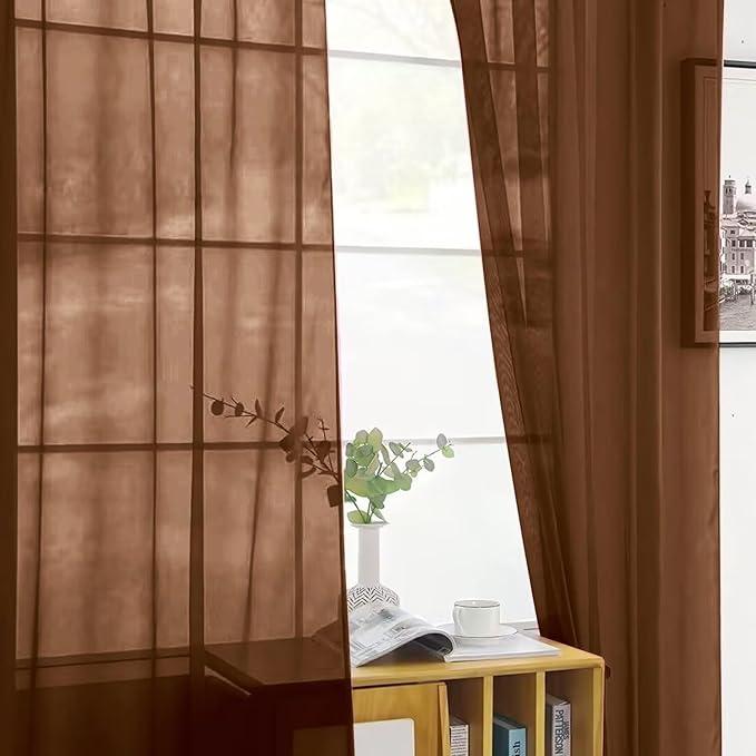 SpaceDresser Brown Sheer Curtains 4 Panels Rod Pocket Semi-Sheer Curtain 90 - Image 4