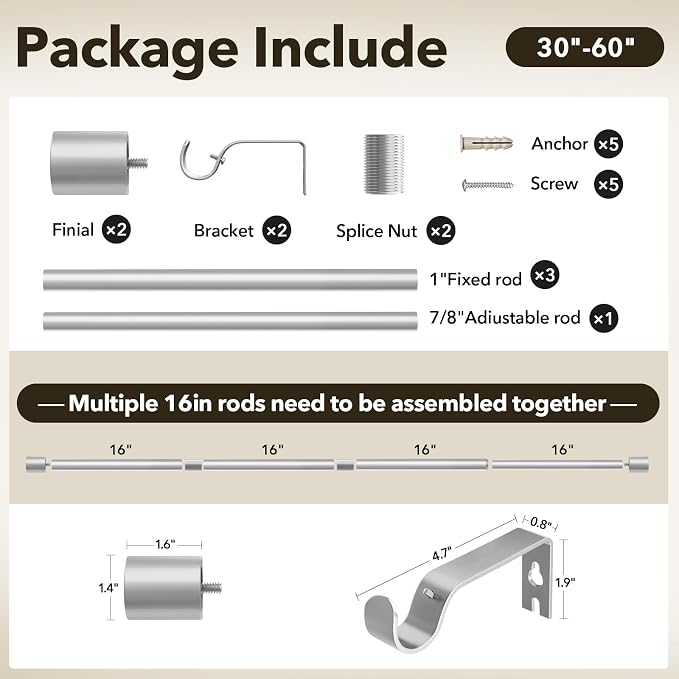 IFELS Heavy Duty Curtain Rods for Windows 28 to 48 Inch, 1 Inch Silver Curtain - Image 6