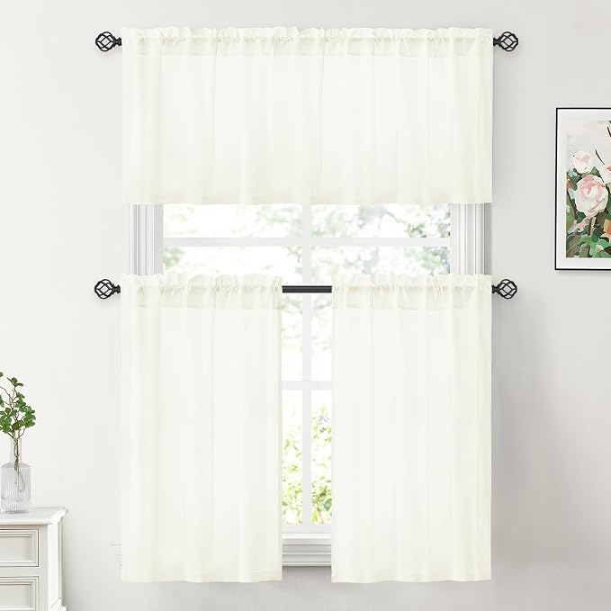 HOMEIDEAS Non-See-Through Ivory Privacy Sheer Kitchen Curtains, 30 X 24 Inches - Image 2