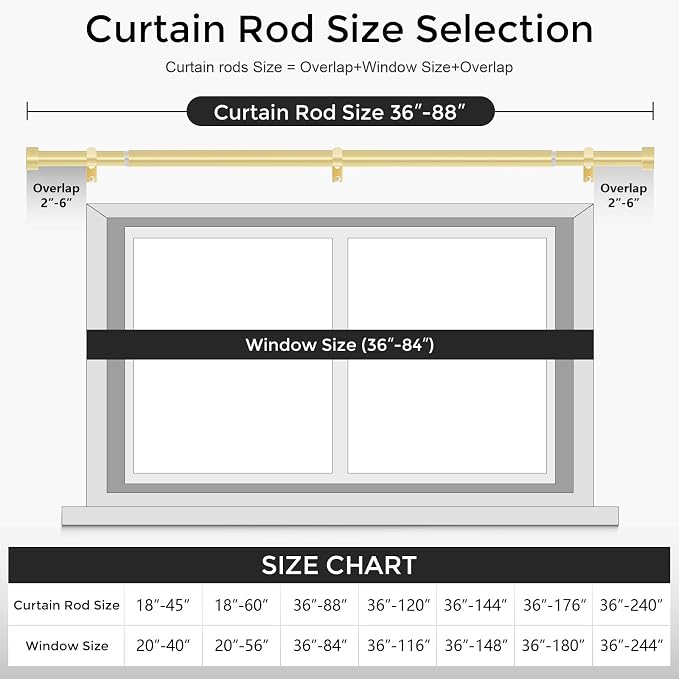 VOIIY 2 Pack Gold Curtain Rods for Windows 48 to 84 Inch, Size:36-88 Inch - Image 5