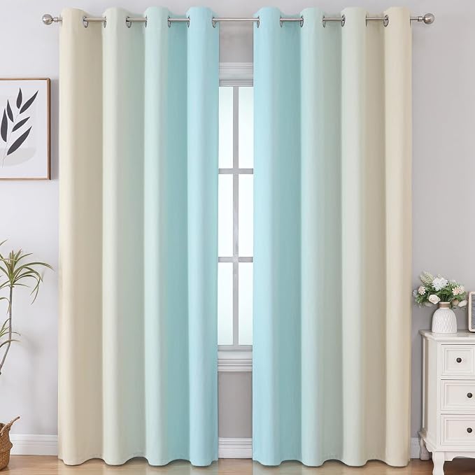 Estelar Textiler Aqua and Beige Blackout Curtains 102 Inch Length 2 Panels Set - Image 2