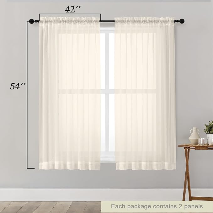 Cream Sheer Curtains for Bedroom Living Room 54 Inch Length 2 Panels Set - Image 2