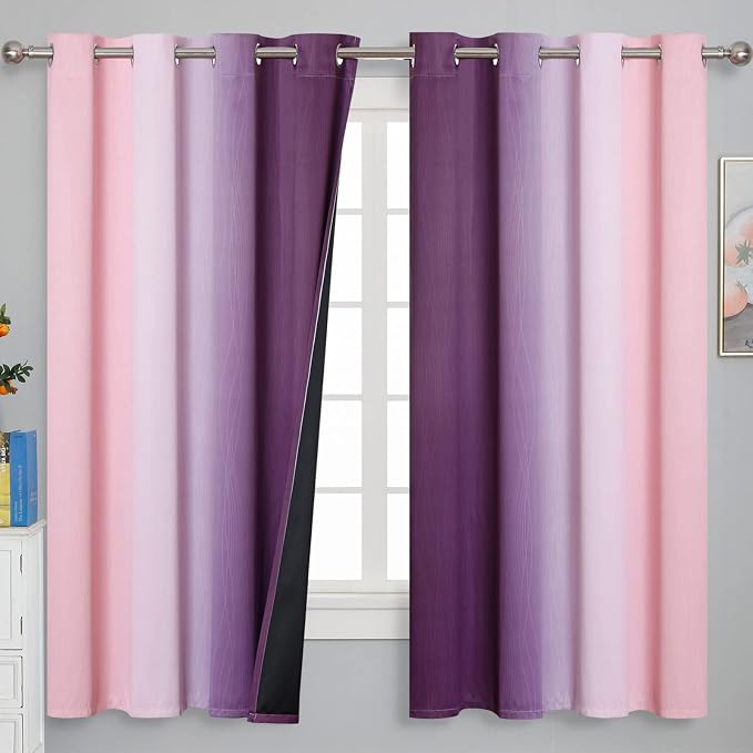 Pink and Purple Curtains 63 Inch Length 2 panels, Full Light Blocking Ombre - Image 2