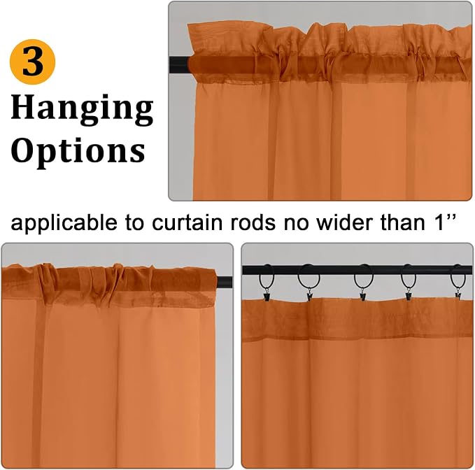 Gwine Burnt Orange Sheer Curtain Tiers 24 Inch Length, Light Filtering Voile - Image 4