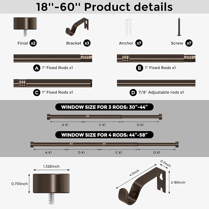 VOIIY Bronze Curtain Rods for Windows 28 to 48 Inch, Size:30-60 Inch, Antique - Image 9