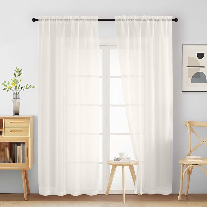 Ivory Sheer Curtains 90 Inches Long 2 Panels, Light Filtering Solid Sheer by Home