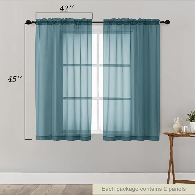 Dusty Blue Sheer Curtains for Bedroom Living Room 45 Inch Length 2 Panels - Image 2