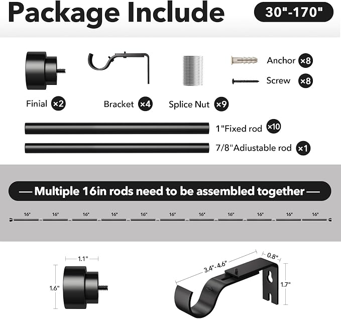 Extra Long Curtain Rods for Windows 32 to 170 Inch, 1 Inch Black Heavy Duty - Image 3