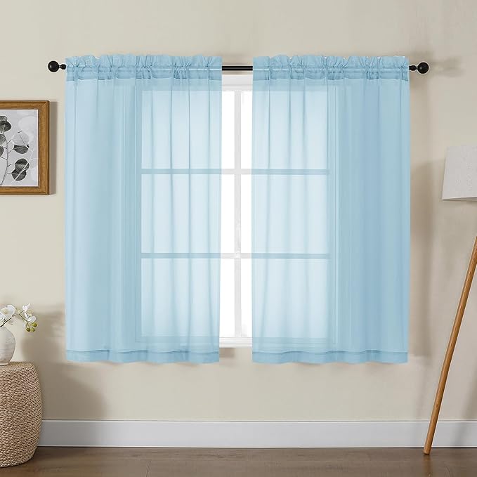 Gwine Sky Blue Sheer Curtains for Living Room 45 inches Long, Short Voile Light by Gwine