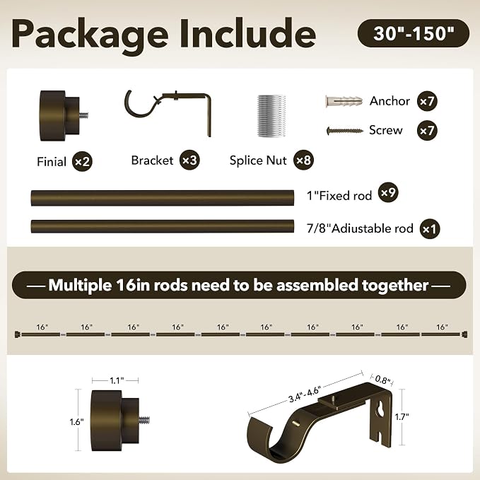 IFELS Heavy Duty Curtain Rods for Windows 72 to 144 Inch, 1 Inch Bronze Window - Image 7