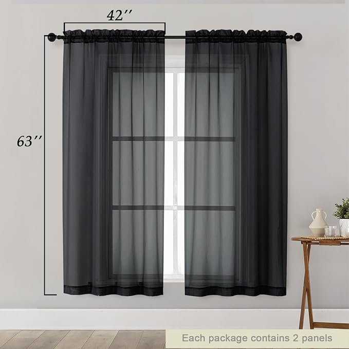 Sheer Black Curtains for Bedroom Living Room 63 Inch Length 2 Panels, Airy Soft - Image 2