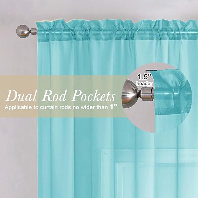 Lecloud Aqua Sheer Curtains for Living Room 72 Inches Long 2 Panels, Dual Rod - Image 5