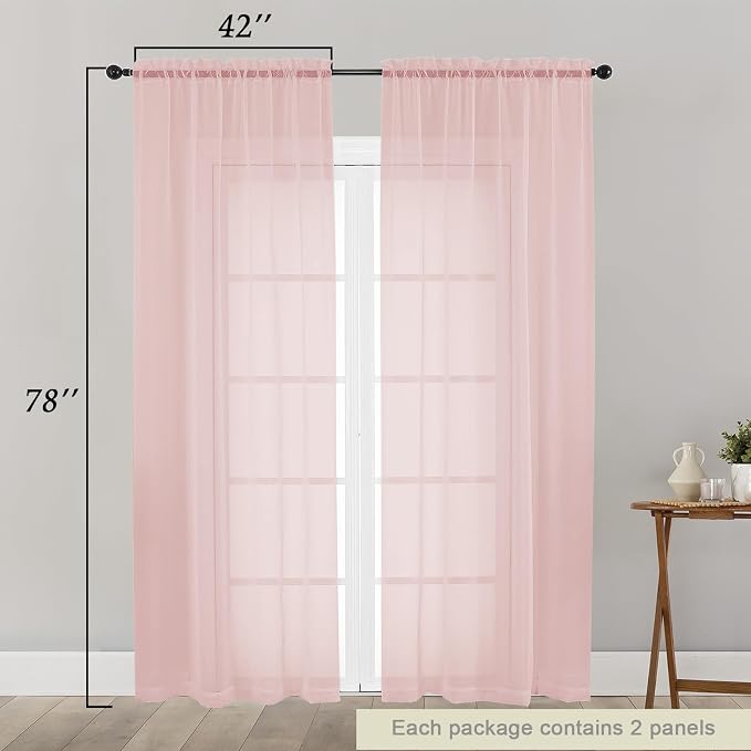 Blush Sheer Curtain for Bedroom Living Room 78 Inches Long 2 Panels Set - Image 2