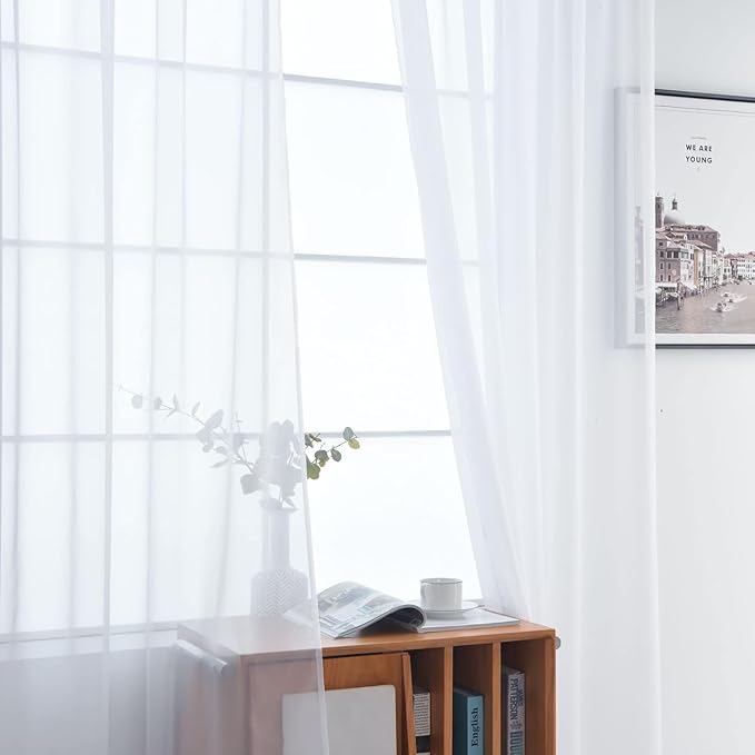 SpaceDresser Sheer White Curtains 4 Panels Rod Pocket Semi-Sheer Curtain 96 - Image 4
