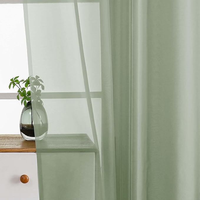 Sage Green Small Sheer Curtains 2 Panels Set, Kitchen Curtains 36 Inch Length - Image 4