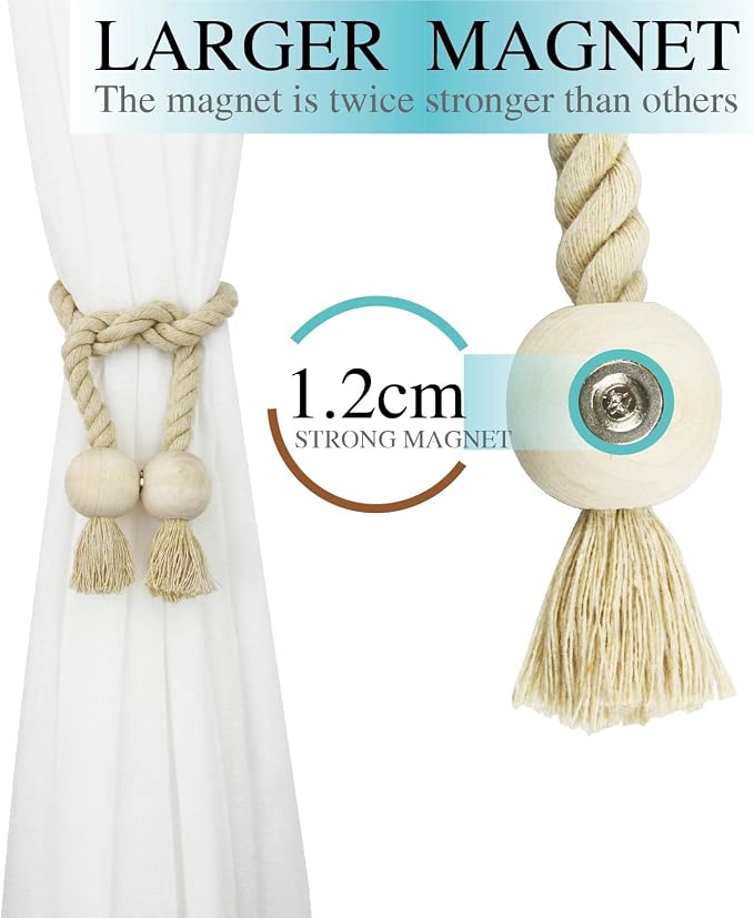 4 Pack Magnetic Curtain Tiebacks Cotton Hand Woven Tie Back Decorative Rope - Image 3
