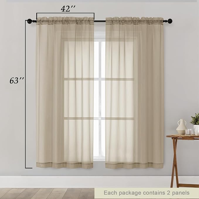 Sheer Taupe Curtains for Bedroom Living Room 63 Inch Length 2 Panels, Airy Soft - Image 2