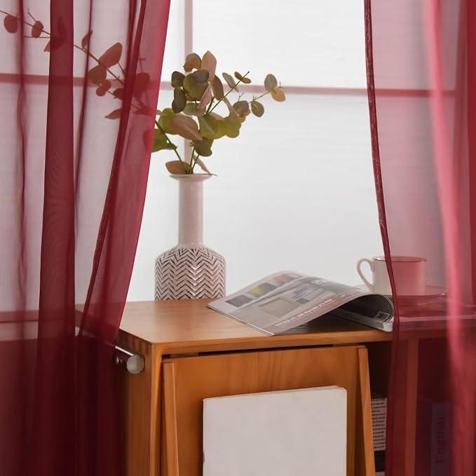 SpaceDresser Burgundy Sheer Curtains 4 Panels Rod Pocket Semi-Sheer Curtain 45 - Image 4