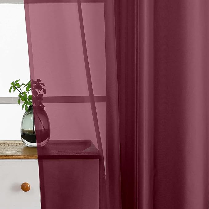 Burgundy Sheer Curtains Tier 30 Inches Length 2 Panels Set, Light Filtering - Image 4
