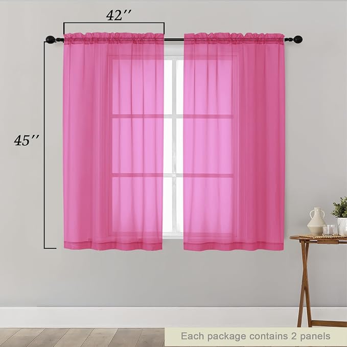 Hot Pink Sheer Curtains for Bedroom Living Room 45 Inch Length 2 Panels - Image 2