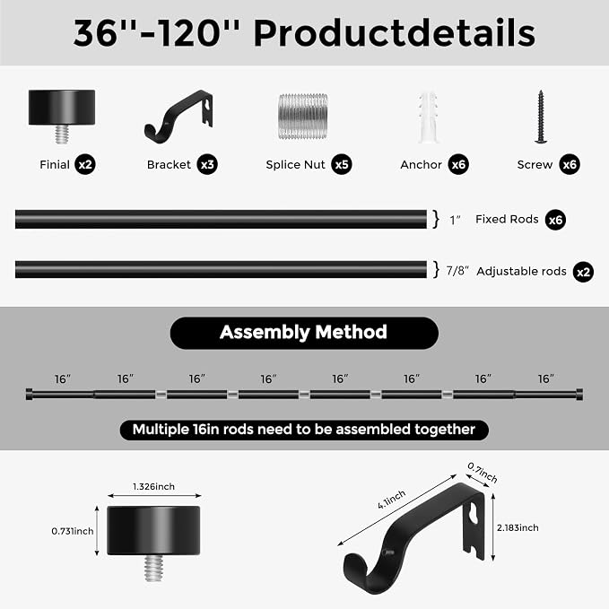 VOIIY Curtain Rods for Windows 66 to 120 Inch, Modern Adjustable Heavy Duty - Image 8