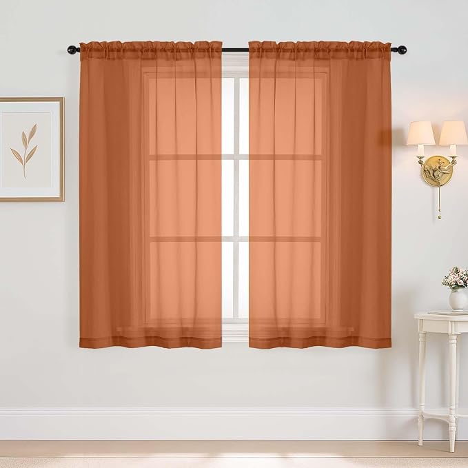Orange Window Sheer Curtains 45 Inches Length, Voile Short Curtains by Home