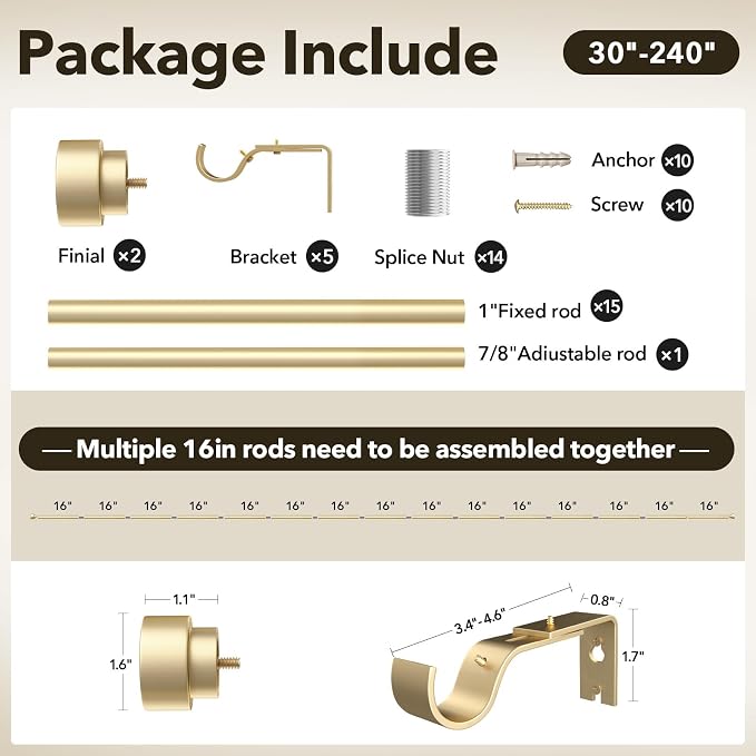 Extra Long Curtain Rods for Windows 32 to 240 Inch, 1 Inch Gold Heavy Duty - Image 3