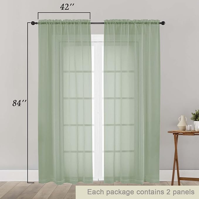 Sage Green Sheer Curtains 84 Inches Long 2 Panels, Soft Light Filtering Curtains - Image 2