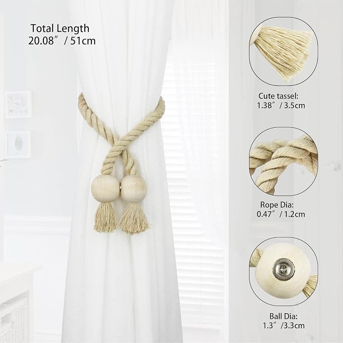 6 Pack Magnetic Curtain Tiebacks Cotton Hand Woven Tie Back Decorative Rope - Image 2