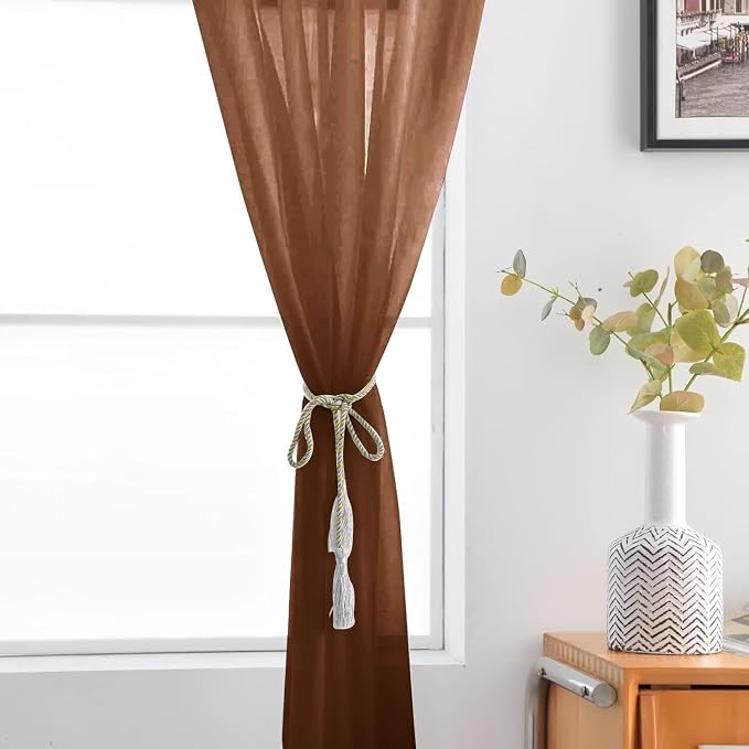 SpaceDresser Brown Sheer Curtains 4 Panels Rod Pocket Semi-Sheer Curtain 54 - Image 6