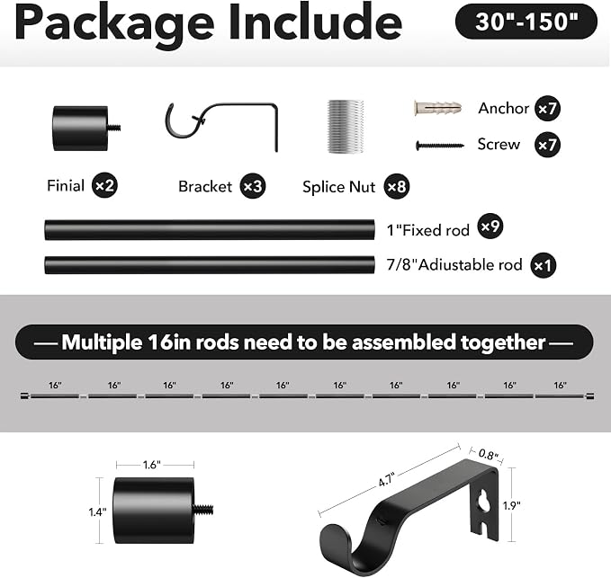 IFELS Heavy Duty Curtain Rods for Windows 72 to 144 Inch, 1 Inch Black Curtain - Image 6