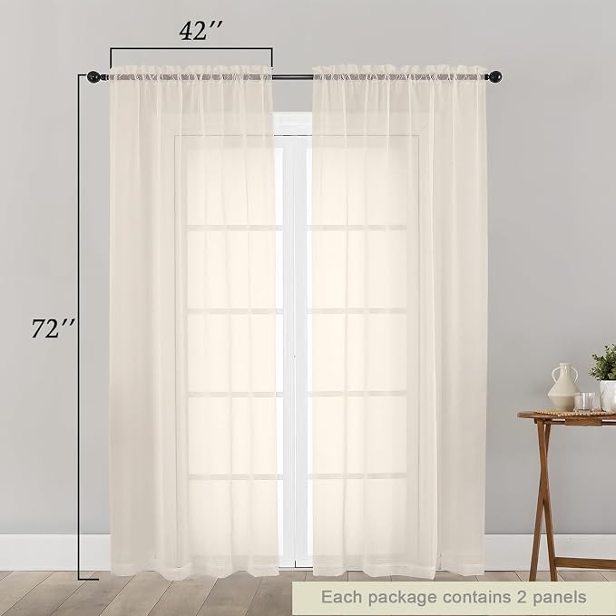 Cream Sheer Curtain for Bedroom Living Room 72 Inches Long 2 Panels Set - Image 2