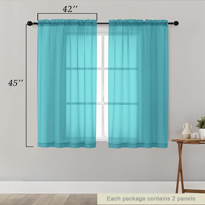 Turquoise Sheer Curtains for Bedroom Living Room 45 Inch Length 2 Panels - Image 2