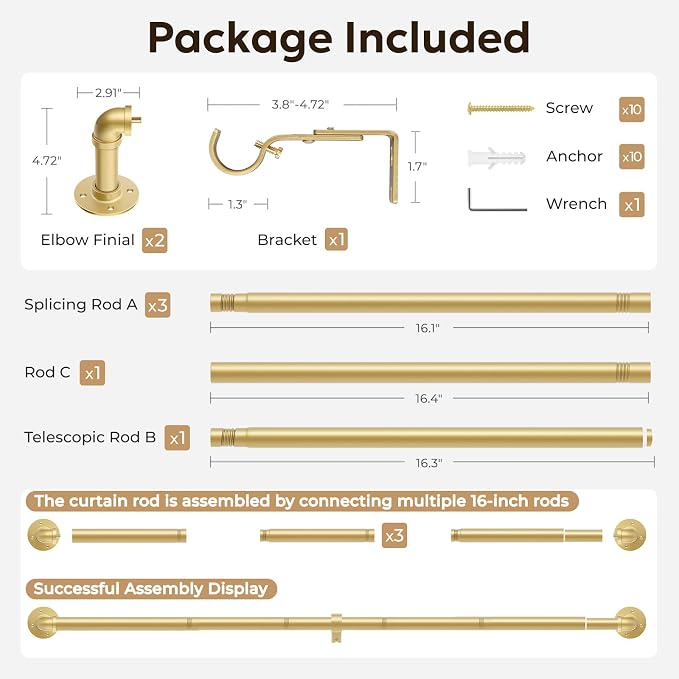 Zeerobee Curtain Rods for Windows 48 to 84, 1 Inch Industrial Wrap Around Gold - Image 7