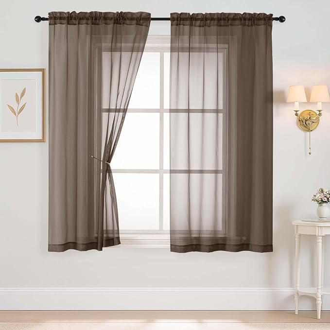 Chocolate Sheer Curtains 63 Inch Length 2 Panels, Voile Sheer Curtain by Home