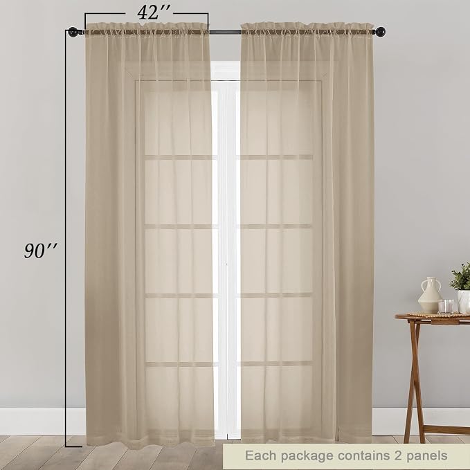 Sheer Taupe Curtains for Bedroom Living Room 90 Inches Long 2 Panels Set - Image 2