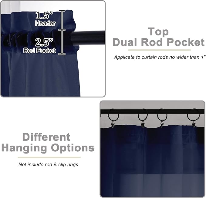 Navy Blue Kitchen Curtains 30 Inch Length Tier 2 PCS, Solid Soft Airy Half - Image 4