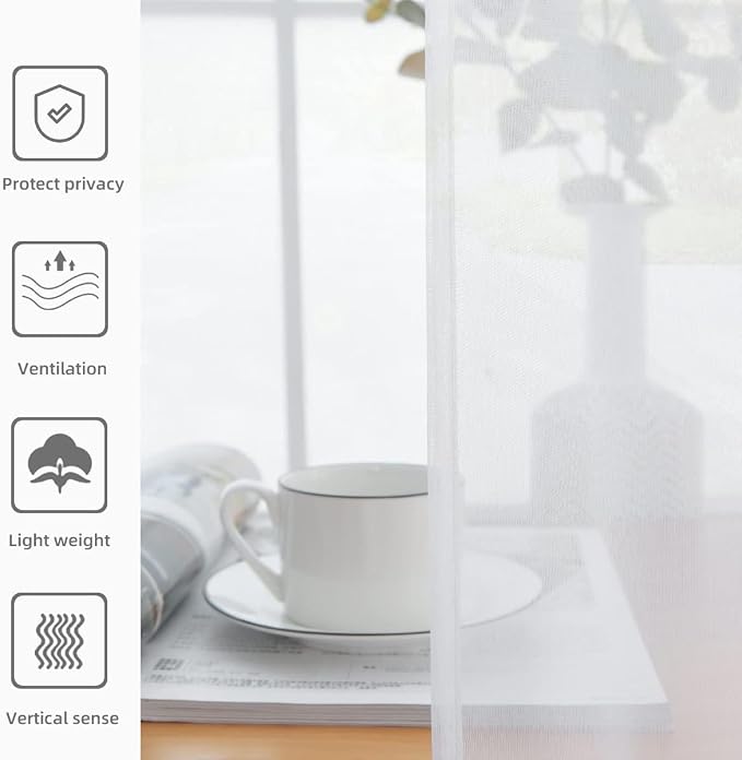 youleyar Solid Sheer Rod Pocket Curtain Voile Draperies 2 Panels White Beige - Image 4
