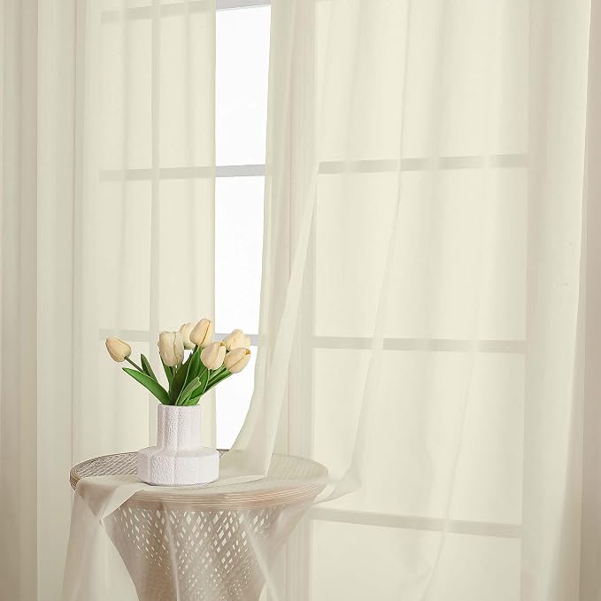 OWENIE Cream Sheer Curtains 72 Inches Long 2 Panels Set, Transparent Voile - Image 6