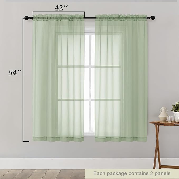 Light Green Sheer Curtains for Bedroom Living Room 54 Inch Length 2 Panels Set - Image 2