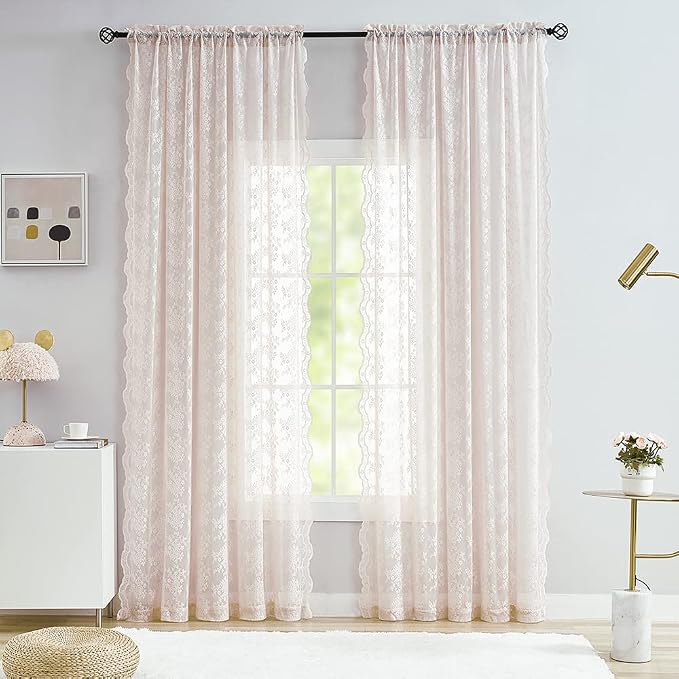 YJ YANJUN Vintage Lace Curtains 72 inchLength Romantic Flowers Sheer Pink Lacy - Image 2