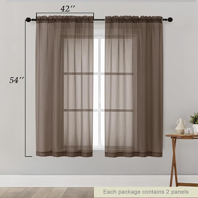 Sheer Chocolate Curtains for Bedroom Living Room 54 Inch Length 2 Panels Set - Image 2