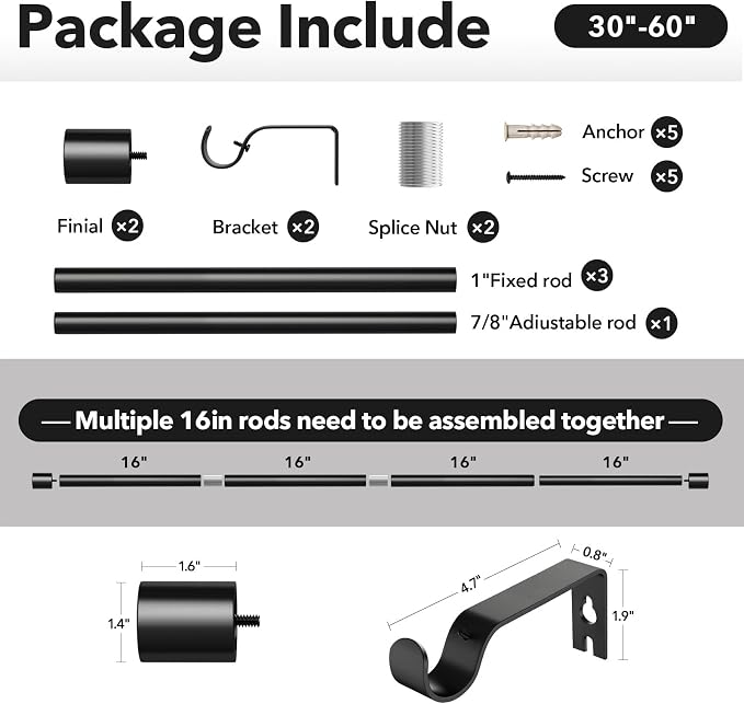 IFELS Heavy Duty Curtain Rods for Windows 28 to 48 Inch, 1 Inch Black Curtain - Image 6