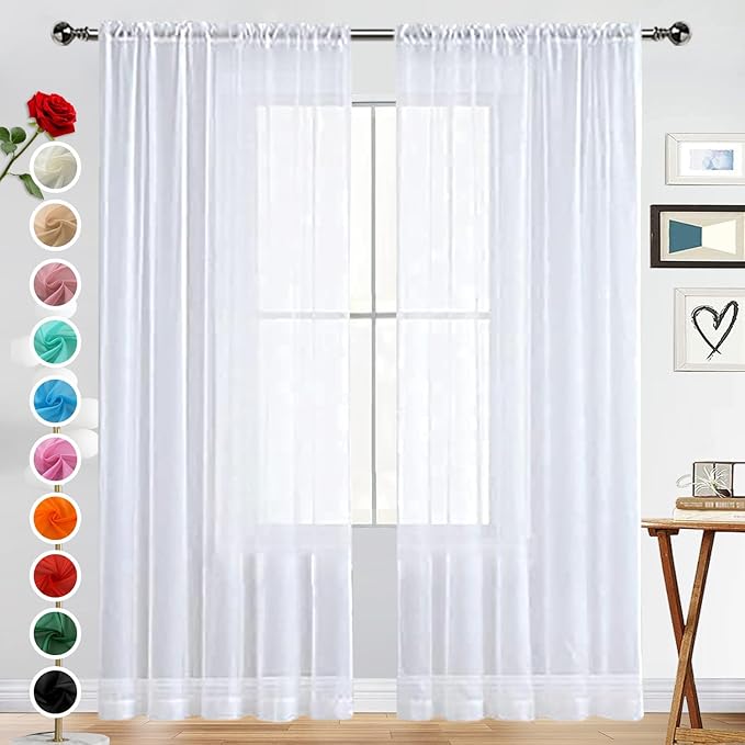 SpaceDresser Basic Rod Pocket Sheer Voile Window Curtain Liners White 2 Panels - Image 2