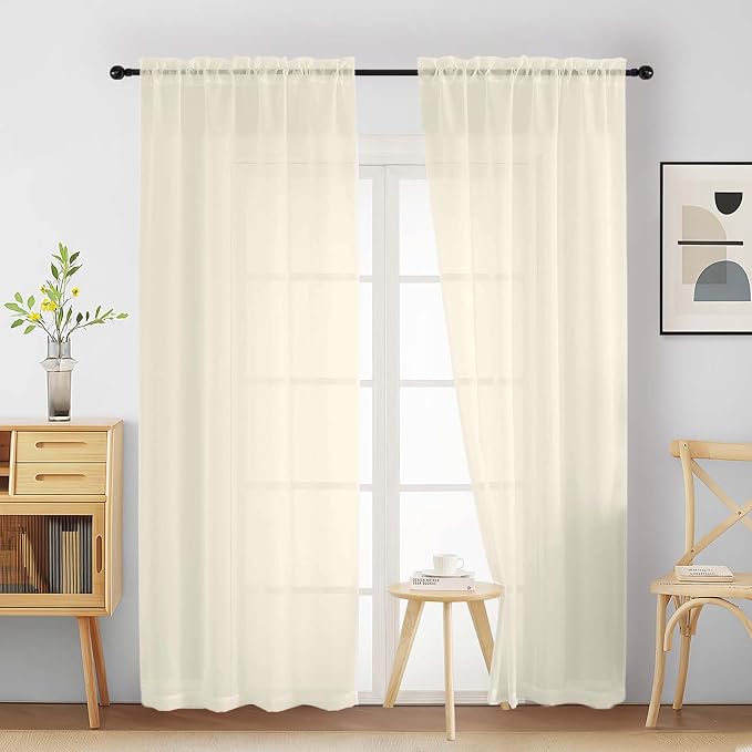 Cream Sheer Curtains 90 Inches Long 2 Panels, Light Filtering Solid Sheer by Home