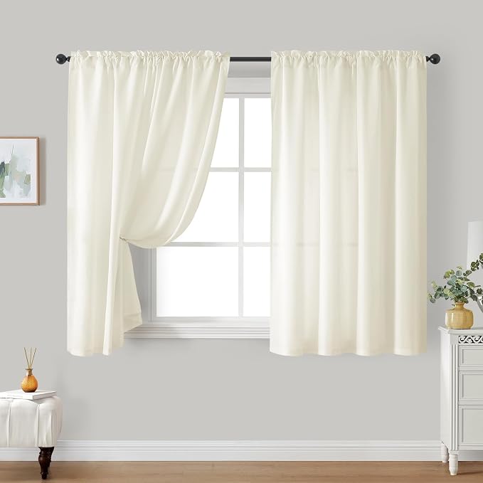 HOMEIDEAS Non-See-Through Cream Yellow Privacy Sheer Curtains, 52 X 45 Inches - Image 2